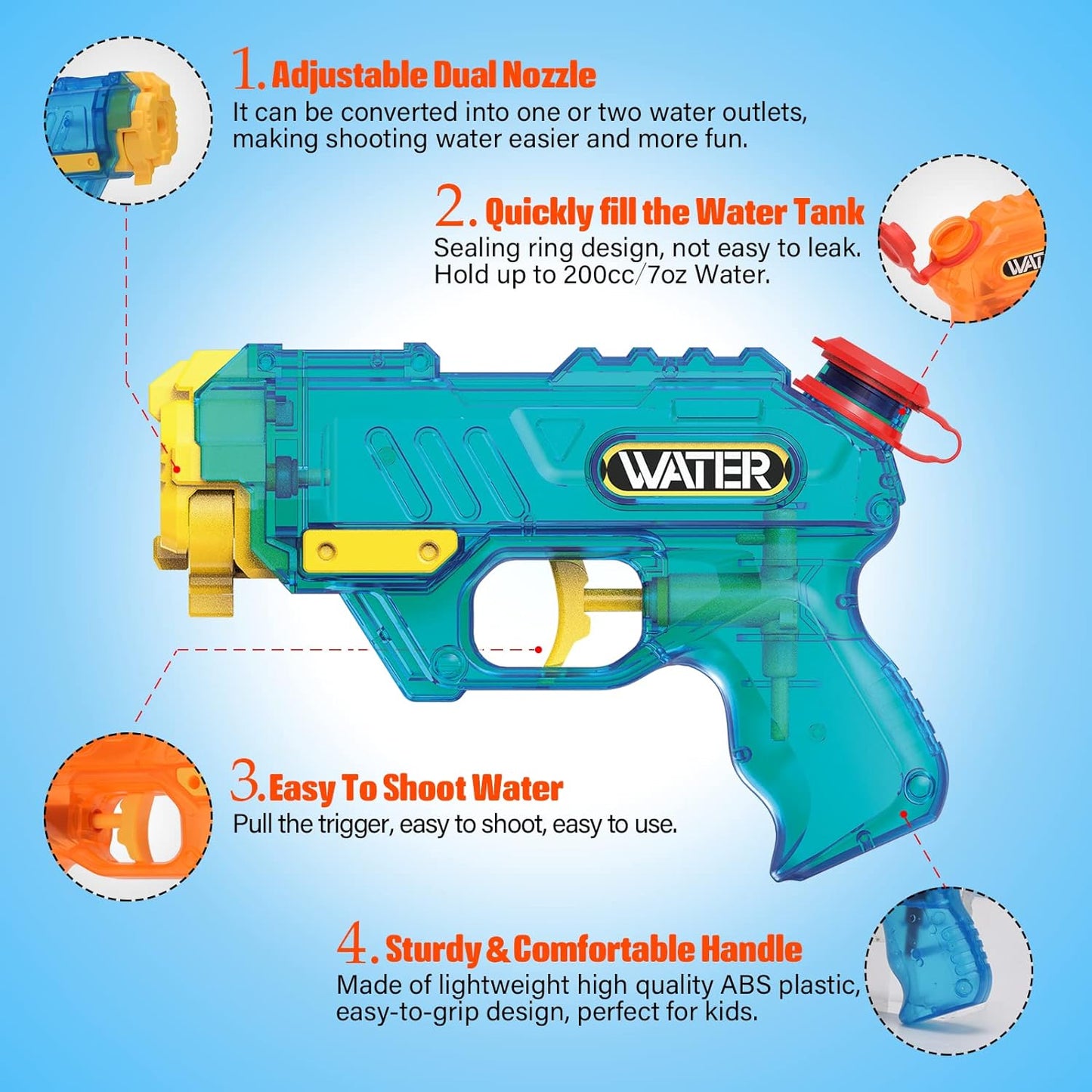2Pcs Water Squirt Guns 200CC Capacity Blue & Yellow Color