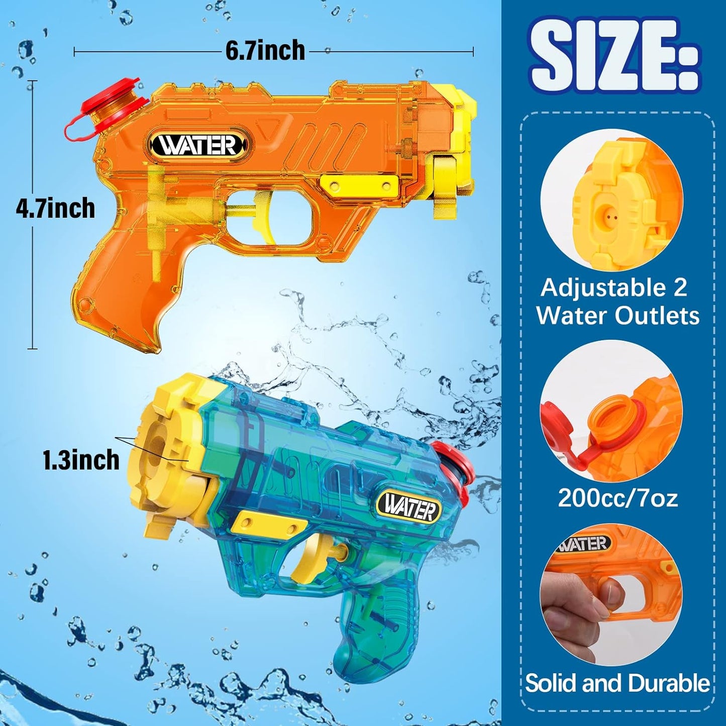 2Pcs Water Squirt Guns 200CC Capacity Blue & Yellow Color