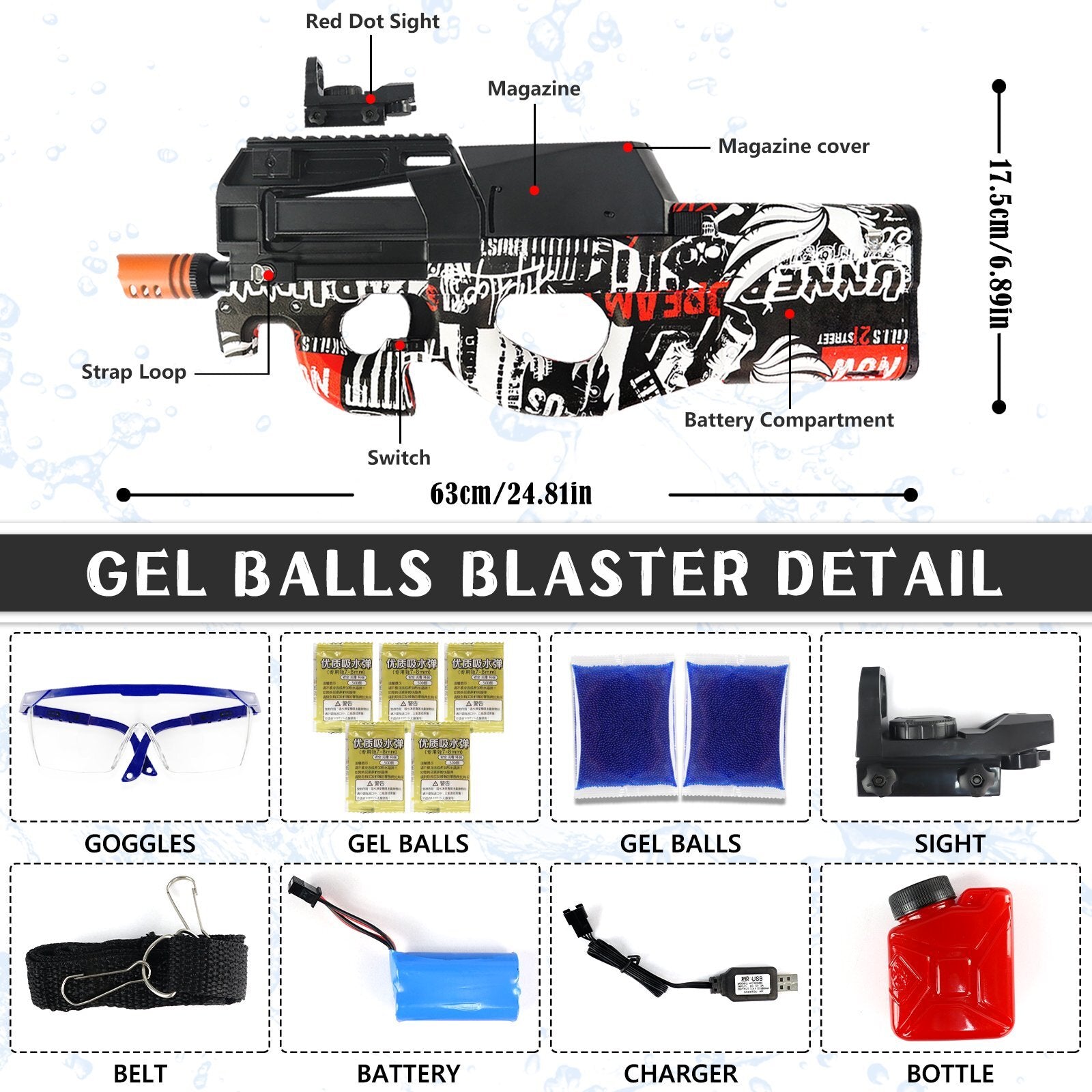 P90 Gel Ball Blaster Electric Splatter Ball Toy (US Stock) - Black Red Color-gel blaster-Kublai-Kublai